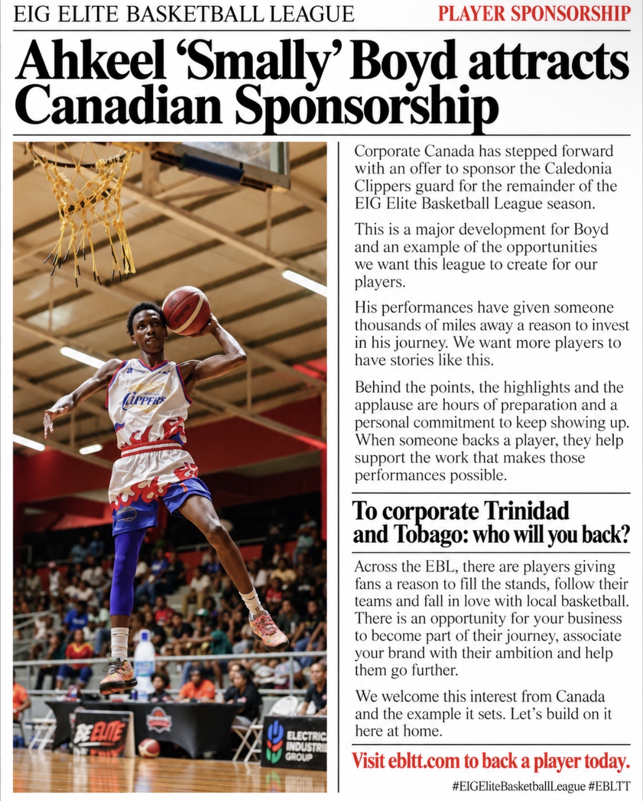 Ahkeel ‘Smally’ Boyd airborne at the basket in his Caledonia Clippers uniform